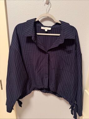 Anthropologie Navy Pinstripe Cropped Button-Down Shirt